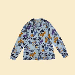 1970s Sears floral blouse, vintage womens novelty print blue/purple button down